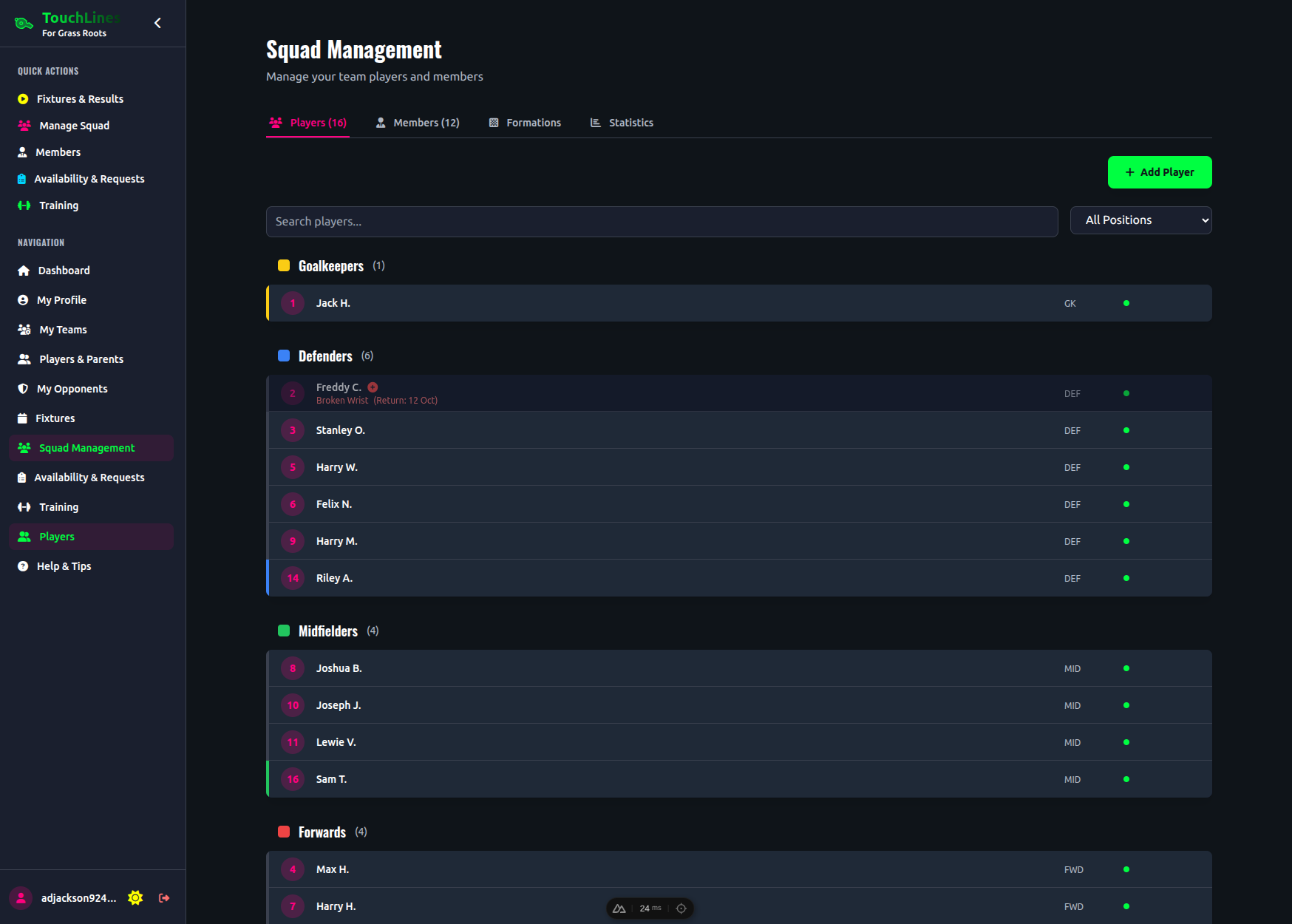 Squad management interface