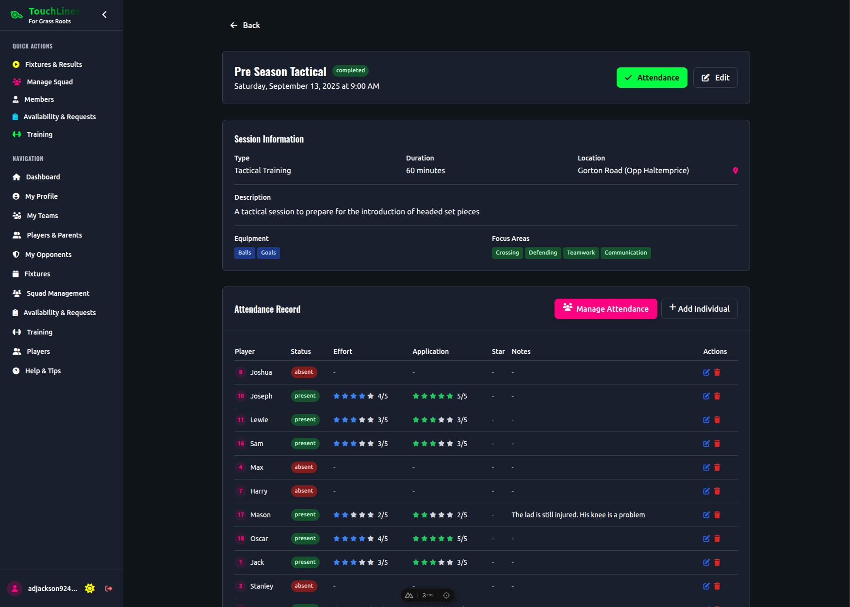 Football Training Session Management Software