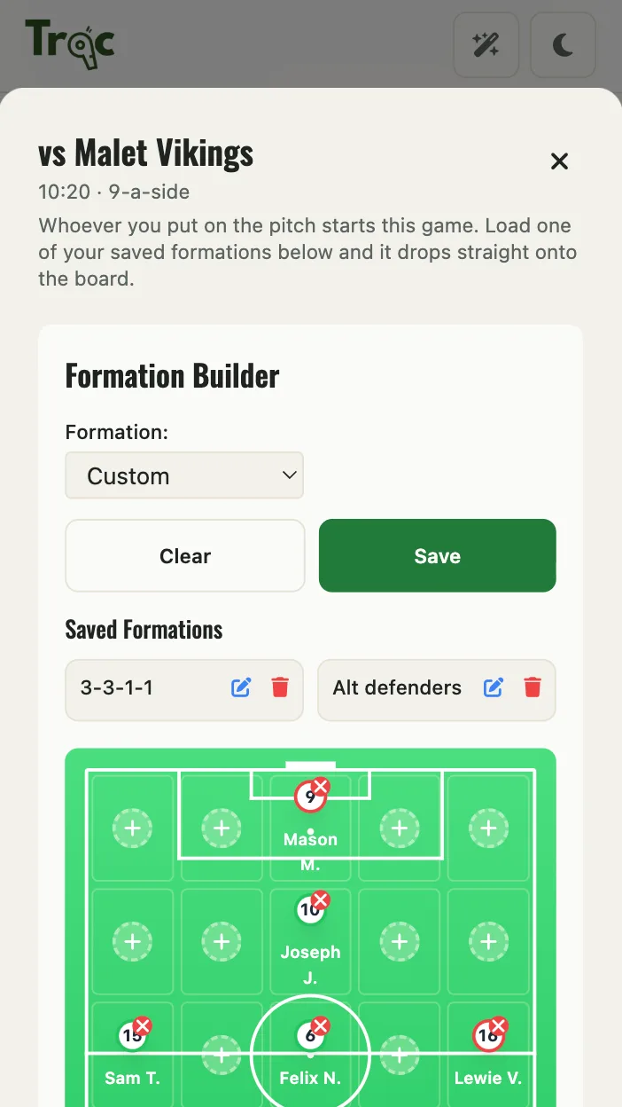 Formation builder for a tournament game in Trac
