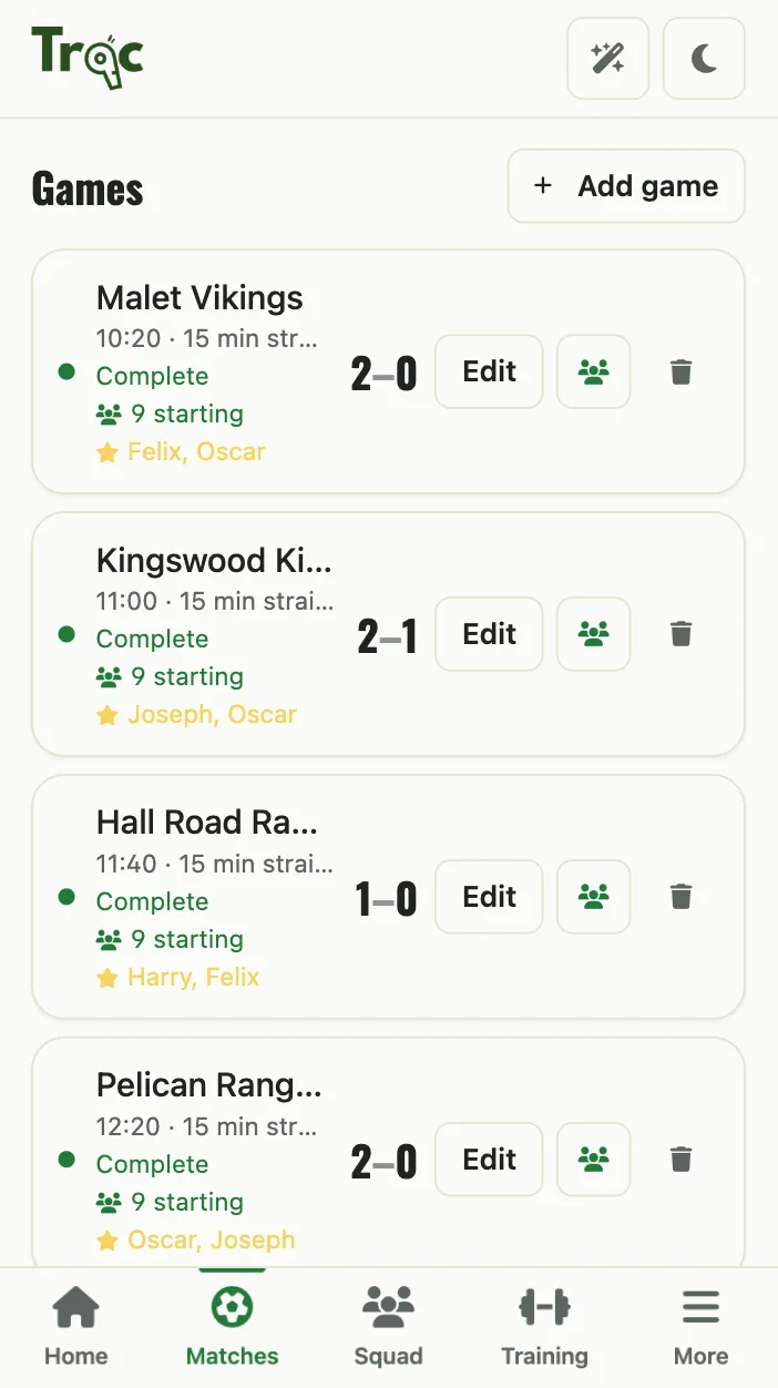Games list for a tournament in Trac, each game scored and complete