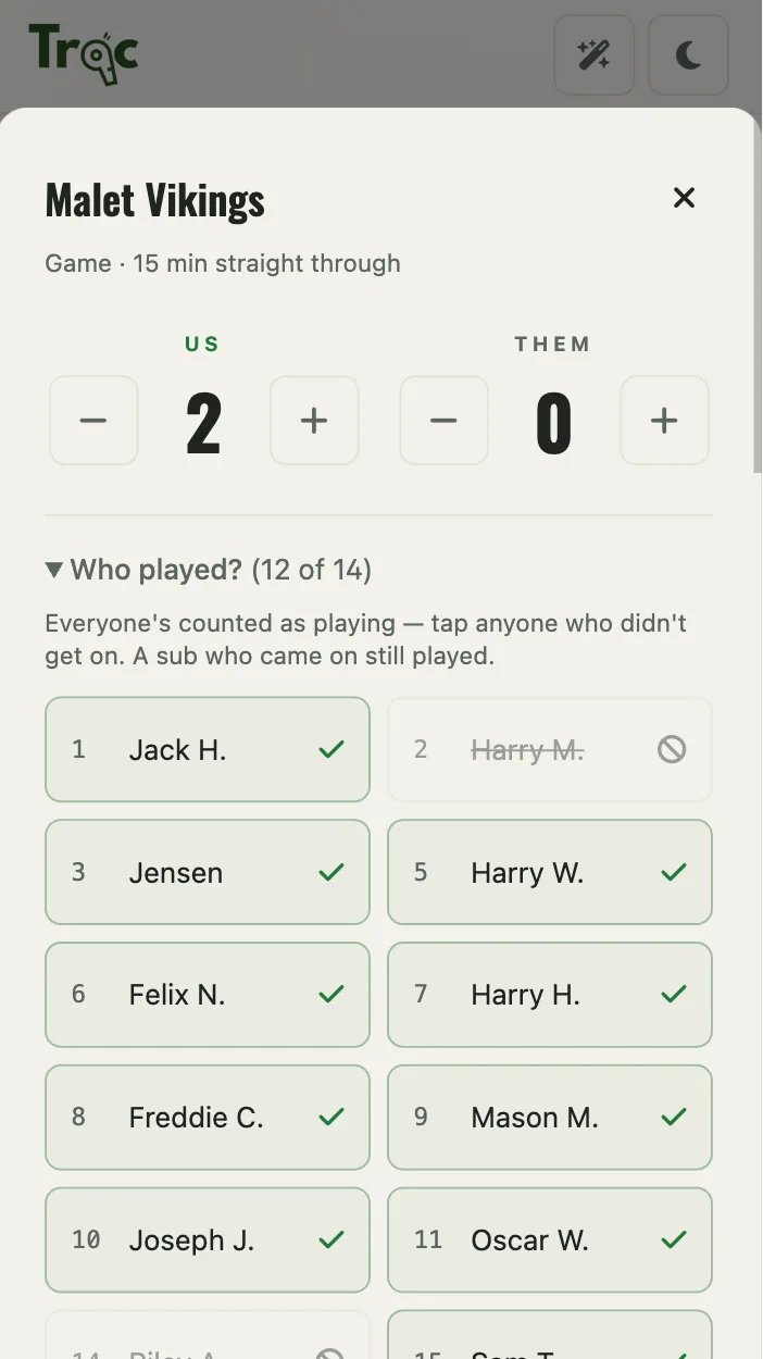 Quick Entry score screen in Trac with a Who played list