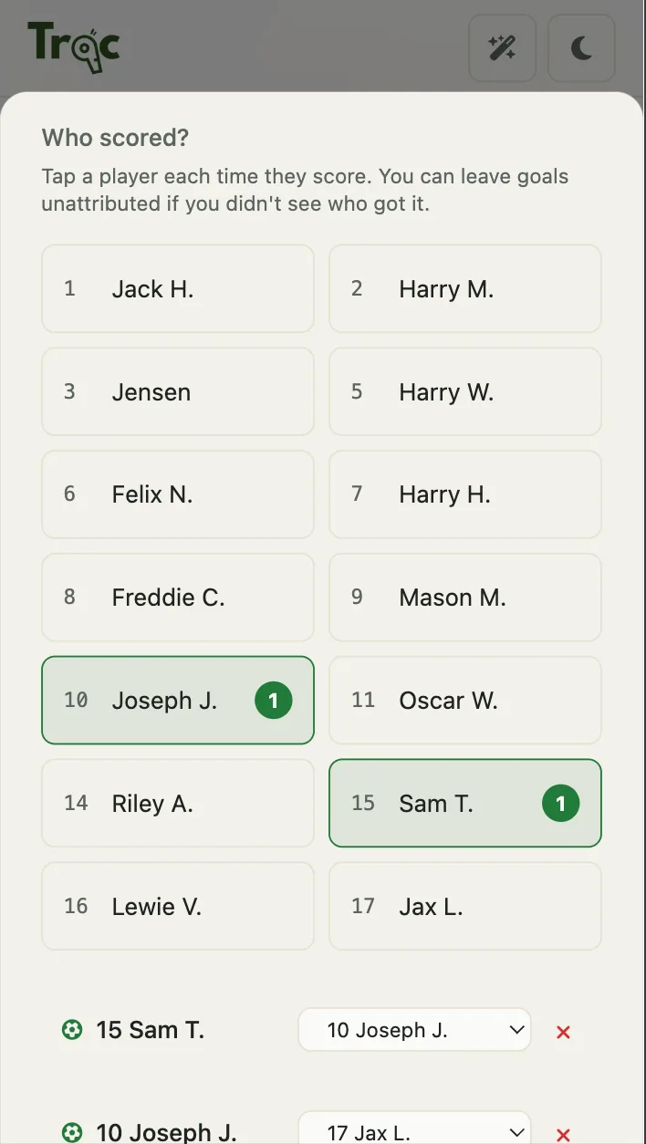 Who scored screen in Trac tournament mode, tapping the scorer and the assist