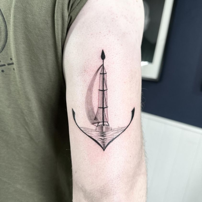 Sailing boat and anchor tattoo by Markings Tattoos