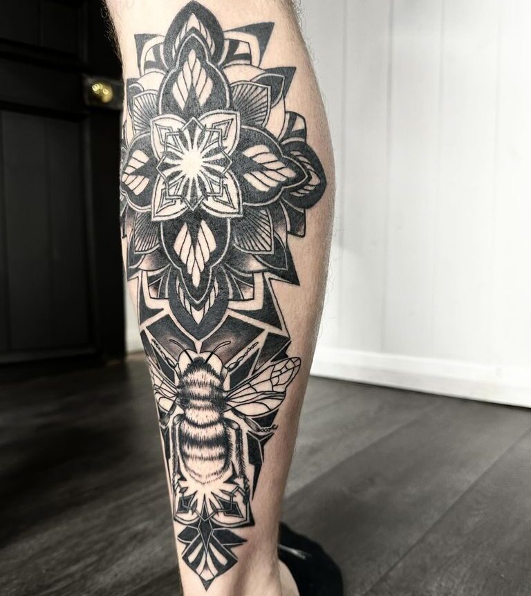 Leg mandala tattoo by Markings Tattoos Hessle