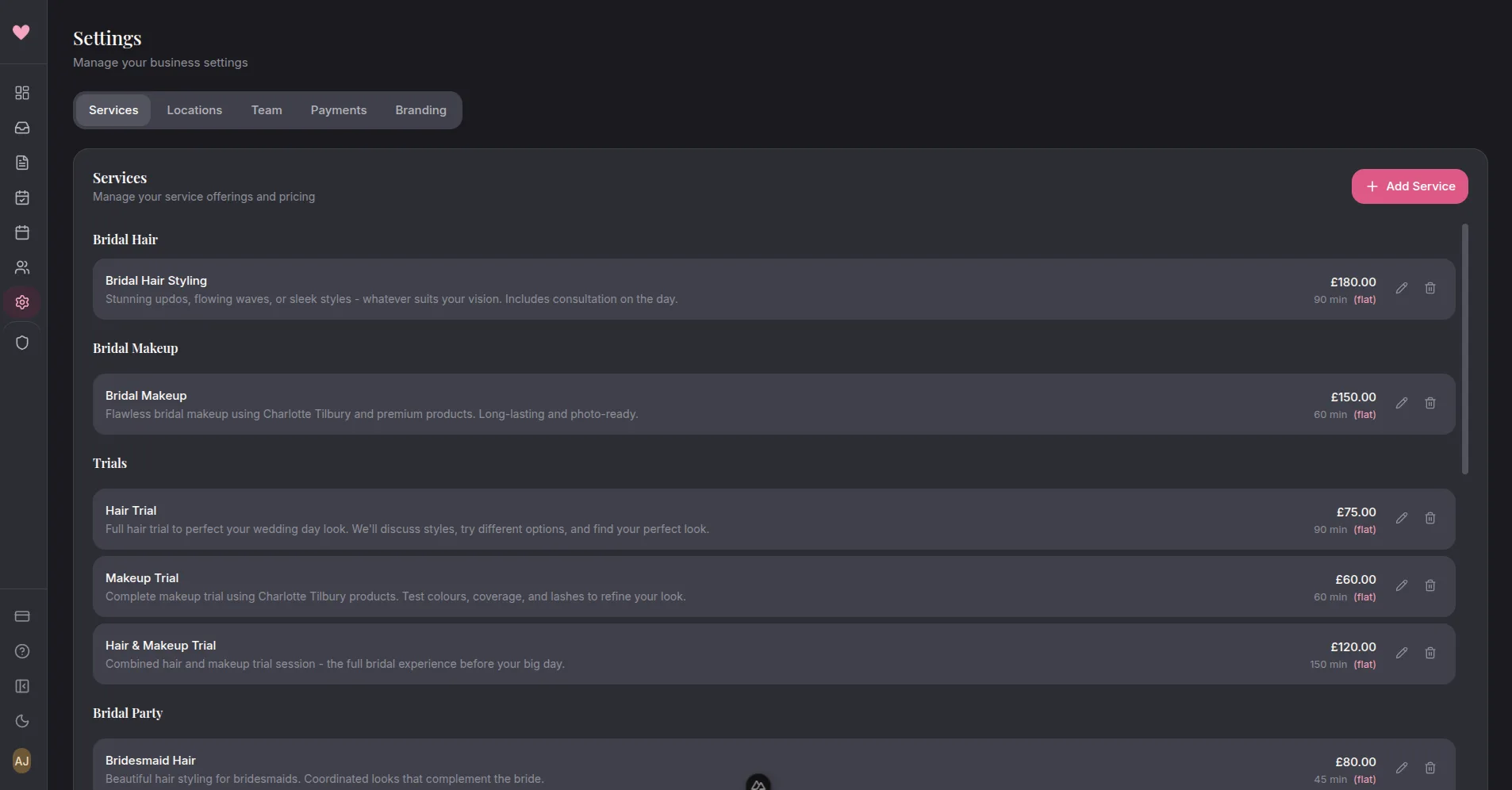 Fully editable settings
